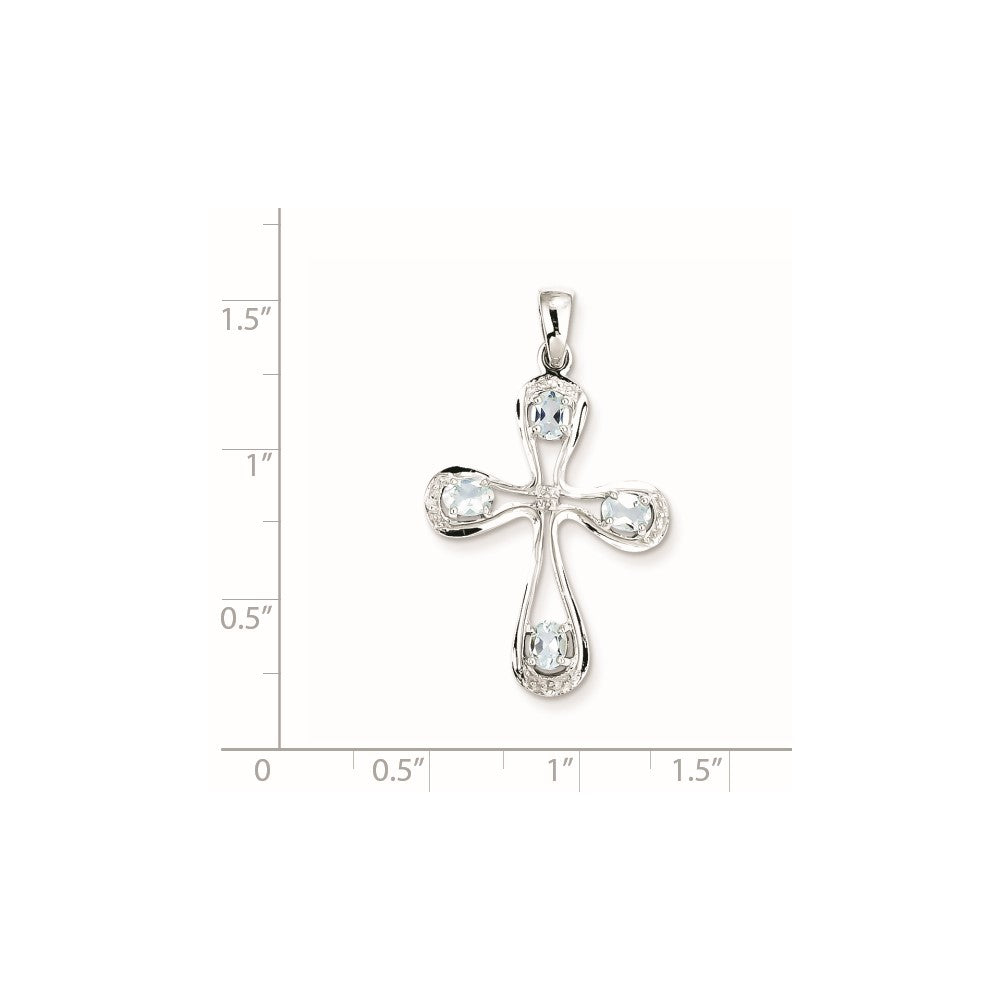 Sterling Silver Rhodium Aqua u0026 Diamond Cross Pendant