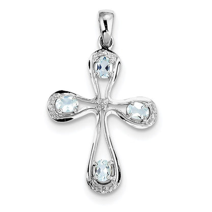 Sterling Silver Rhodium Aqua u0026 Diamond Cross Pendant