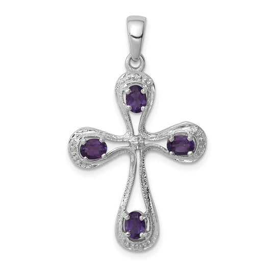 Sterling Silver Rhodium Amethyst u0026 Diamond Cross Pendant