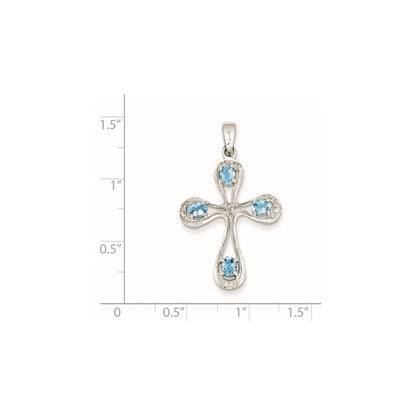 Sterling Silver Rhodium Lt Sw Blue Topaz Cross u0026 Diamond Pendant
