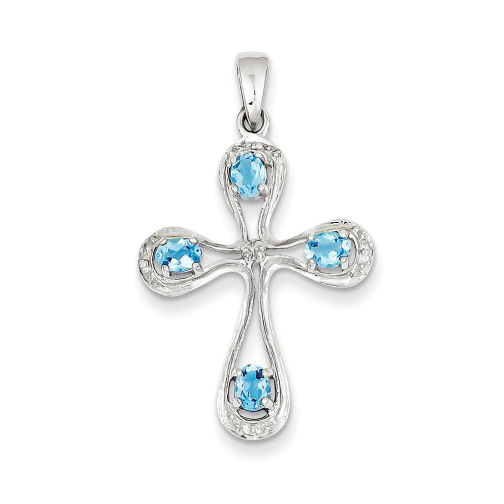 Sterling Silver Rhodium Lt Sw Blue Topaz Cross u0026 Diamond Pendant