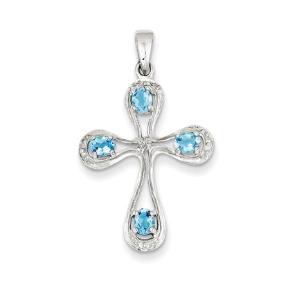 Sterling Silver Rhodium Lt Sw Blue Topaz Cross u0026 Diamond Pendant