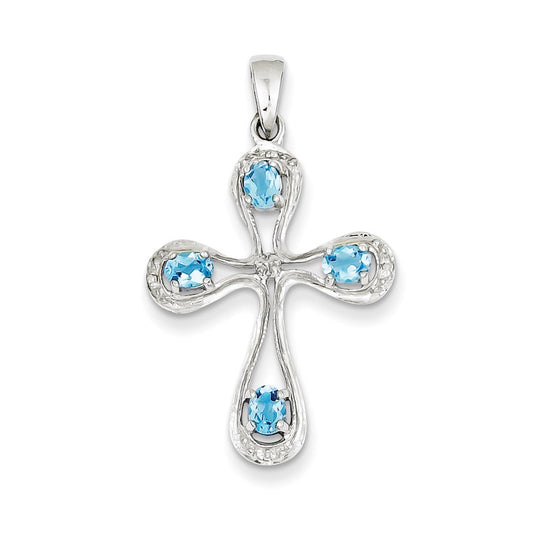 Sterling Silver Rhodium Lt Sw Blue Topaz Cross u0026 Diamond Pendant