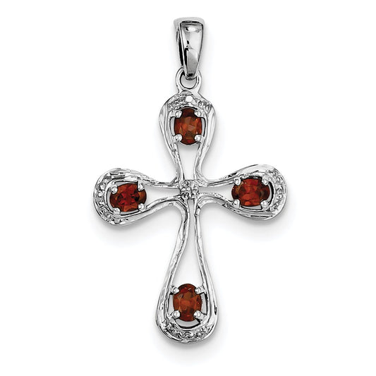 Sterling Silver Rhodium Garnet u0026 Diamond Cross Pendant
