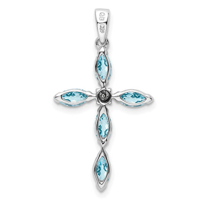 Sterling Silver Rhodium Lt Sw Blue Topaz Cross u0026 Diamond Pendant