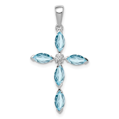 Sterling Silver Rhodium Lt Sw Blue Topaz Cross u0026 Diamond Pendant