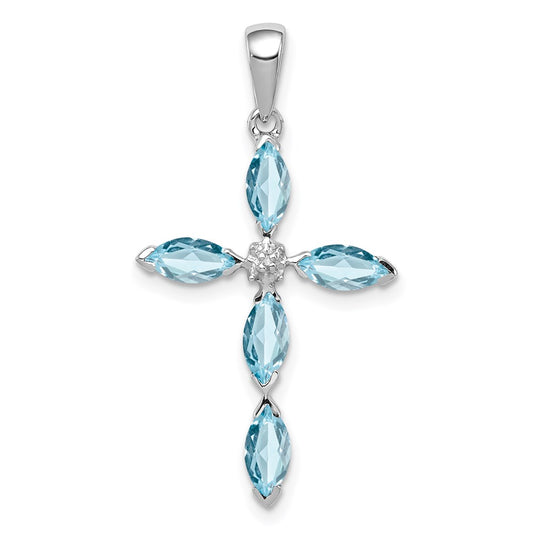 Sterling Silver Rhodium Lt Sw Blue Topaz Cross u0026 Diamond Pendant