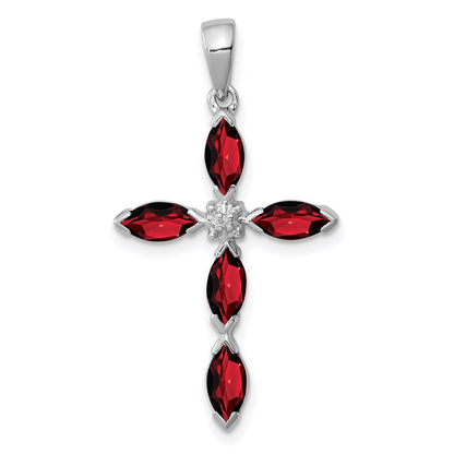 Sterling Silver Rhodium Garnet u0026 Diamond Cross Pendant