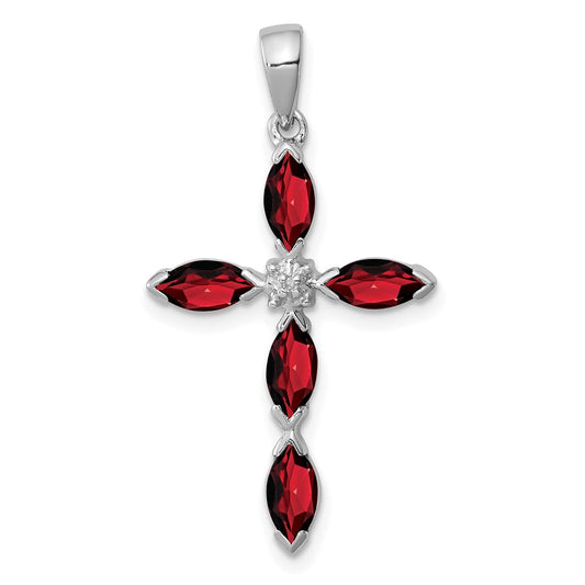 Sterling Silver Rhodium Garnet u0026 Diamond Cross Pendant