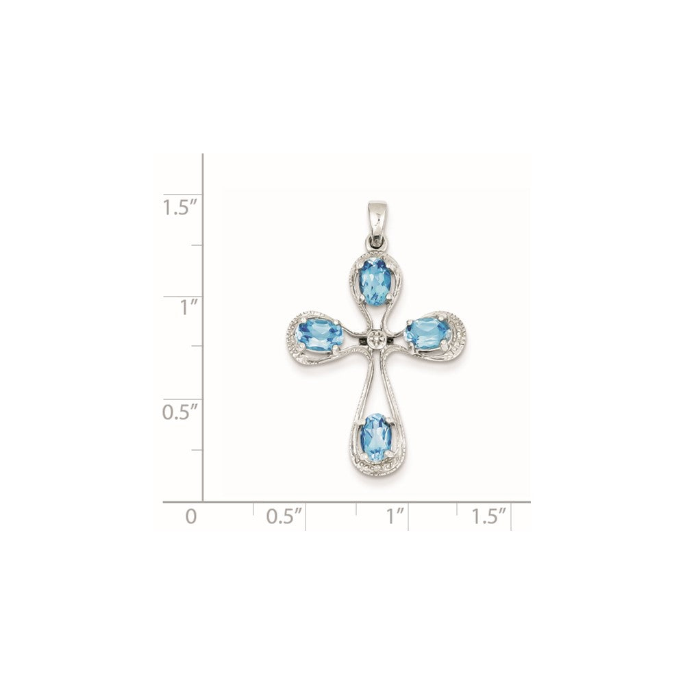 Sterling Silver Rhodium Lt Sw Blue Topaz Cross u0026 Diamond Pendant