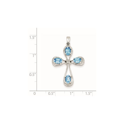 Sterling Silver Rhodium Lt Sw Blue Topaz Cross u0026 Diamond Pendant