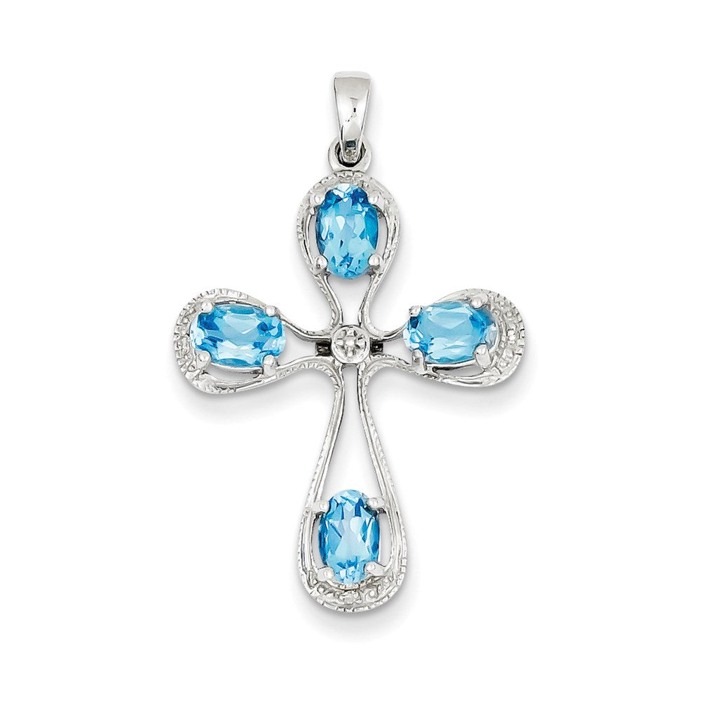 Sterling Silver Rhodium Lt Sw Blue Topaz Cross u0026 Diamond Pendant