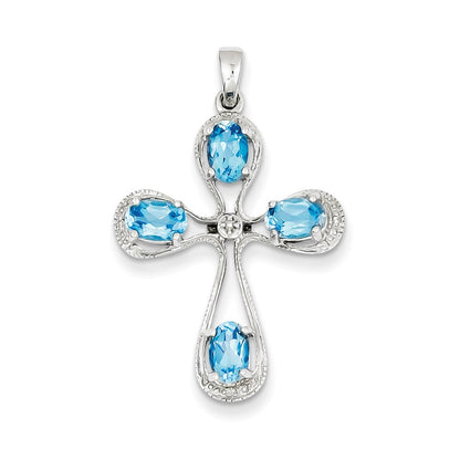 Sterling Silver Rhodium Lt Sw Blue Topaz Cross u0026 Diamond Pendant