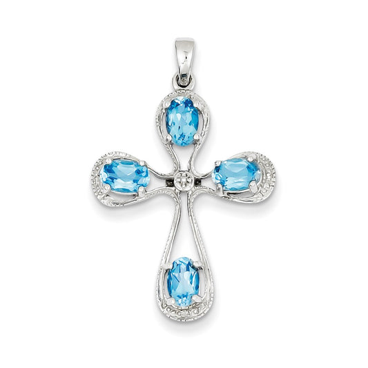 Sterling Silver Rhodium Lt Sw Blue Topaz Cross u0026 Diamond Pendant