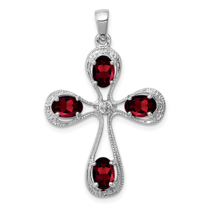 Sterling Silver Rhodium Garnet u0026 Diamond Cross Pendant