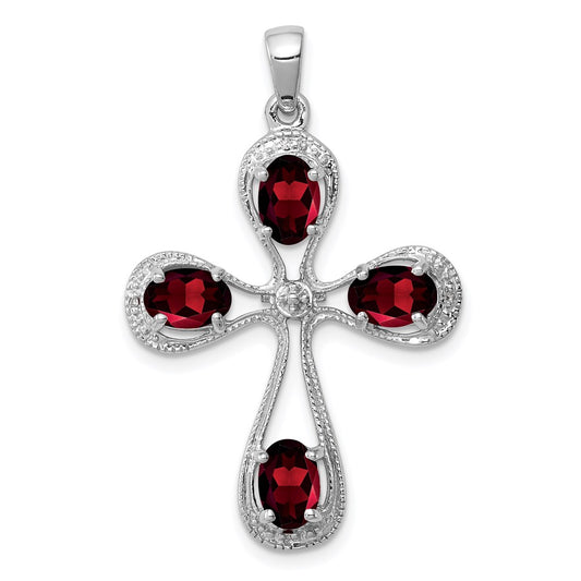 Sterling Silver Rhodium Garnet u0026 Diamond Cross Pendant