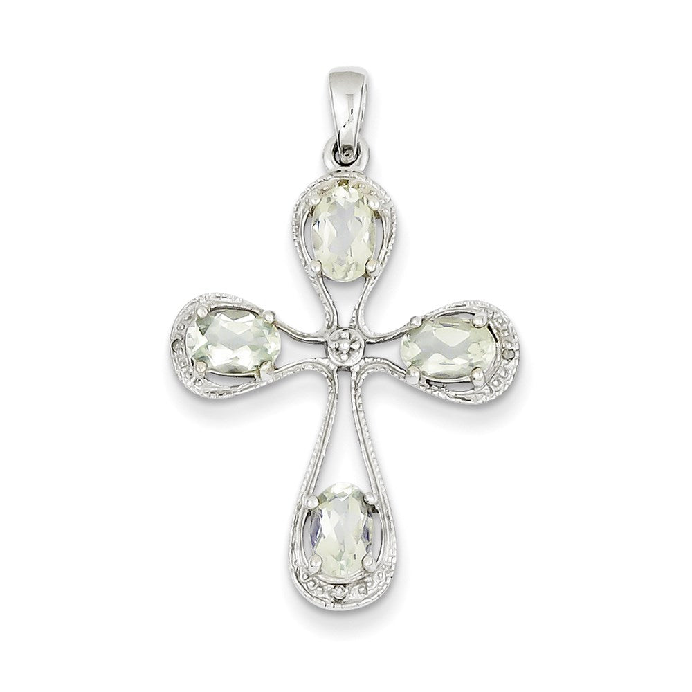 Sterling Silver Rhodium Green Quartz u0026 Diamond Cross Pendant