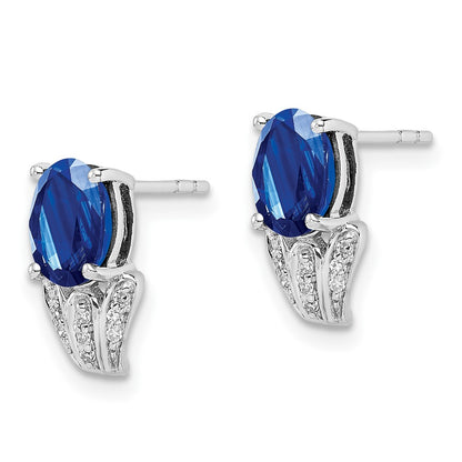 Sterling Silver Rhodium Plated Diamond u0026 Sapphire Oval Post Earrings