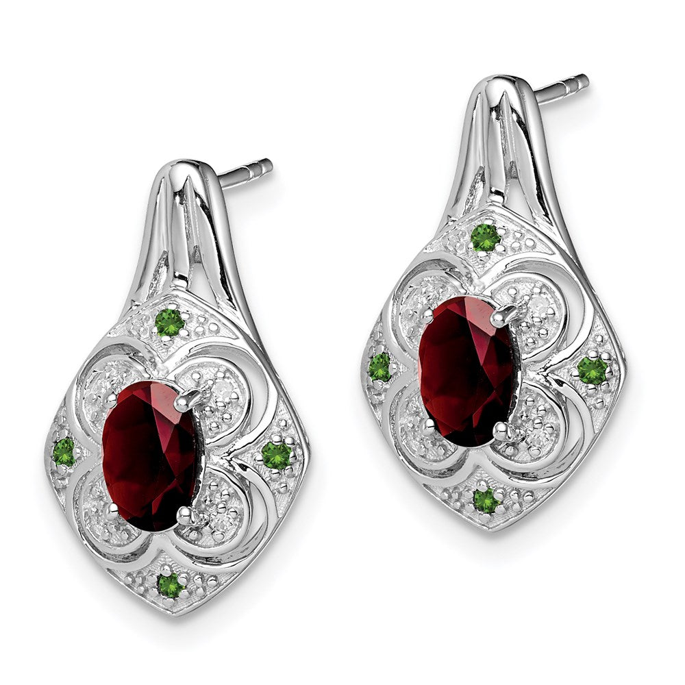 Sterling Silver Rhodium White u0026 Green Dia. u0026 Garnet Oval Post Earrings