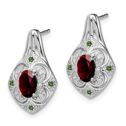 Sterling Silver Rhodium White u0026 Green Dia. u0026 Garnet Oval Post Earrings