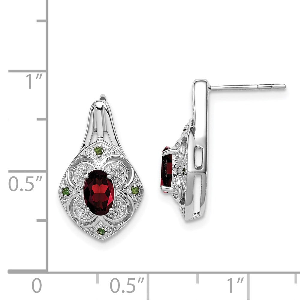 Sterling Silver Rhodium White u0026 Green Dia. u0026 Garnet Oval Post Earrings