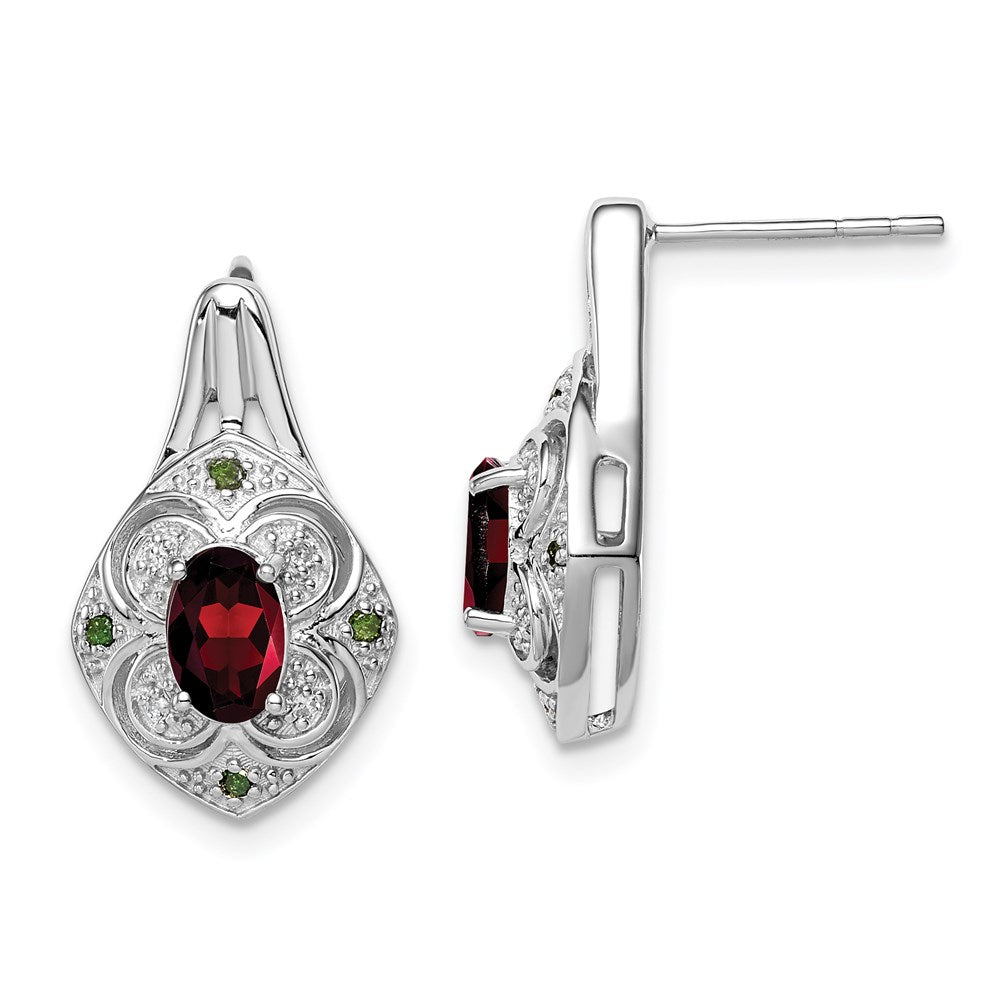 Sterling Silver Rhodium White u0026 Green Dia. u0026 Garnet Oval Post Earrings