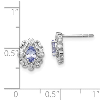 Sterling Silver Rhodium Plated Diamond Tanzanite Round Post Earrings
