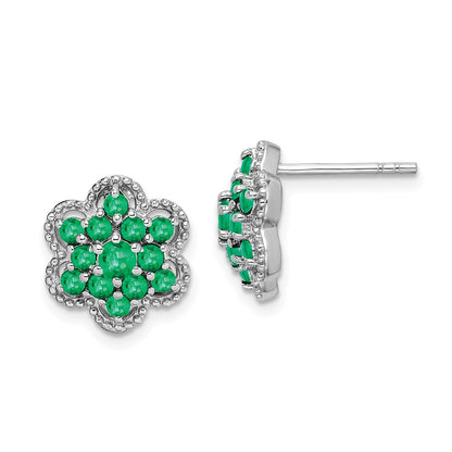 Sterling Silver Rhodium-plated Emerald Flower Post Earrings