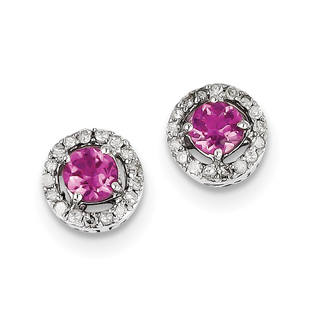 Sterling Silver Diamond u0026 Pink Tourmaline Circle Post Earrings