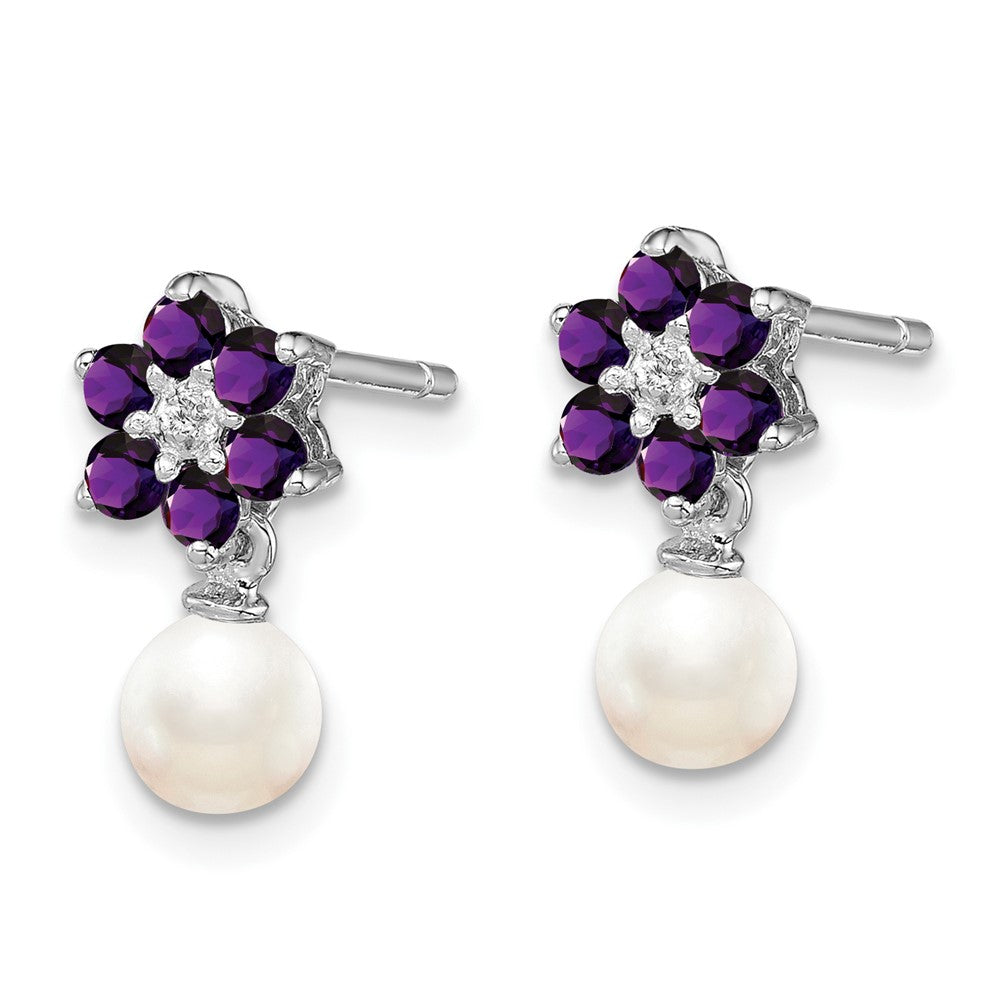 Sterling Silver Rhodium FW Cultured Pearl Amethyst Diamond Earrings