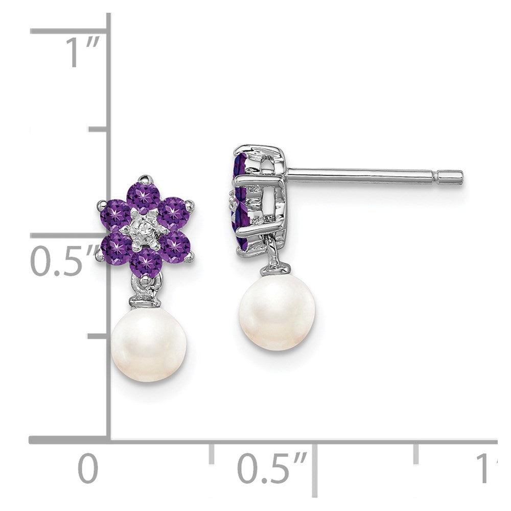 Sterling Silver Rhodium FW Cultured Pearl Amethyst Diamond Earrings