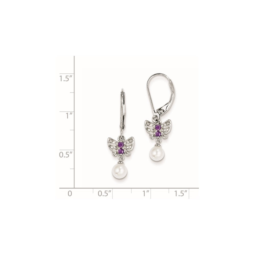 Sterling Silver FW Cultured Pearl Amethyst Diamond Earrings