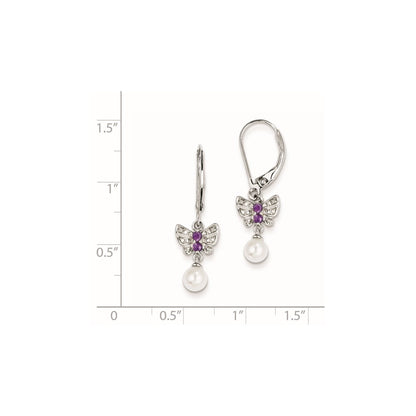 Sterling Silver FW Cultured Pearl Amethyst Diamond Earrings