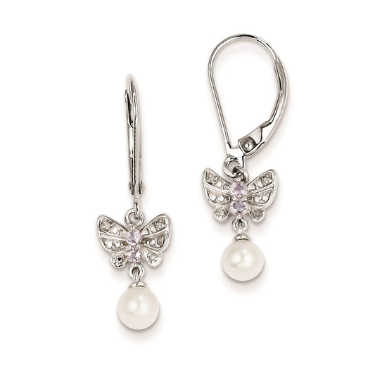 Sterling Silver FW Cultured Pearl Pink Quartz Diamond Earrings