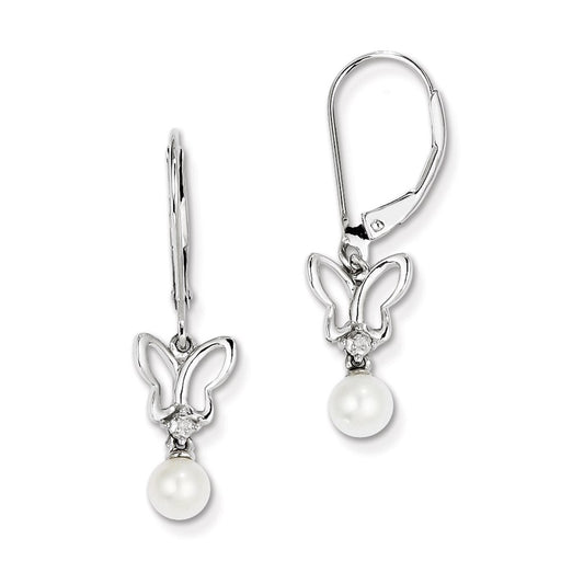 Sterling Silver FW Cultured Pearl Diamond Earrings
