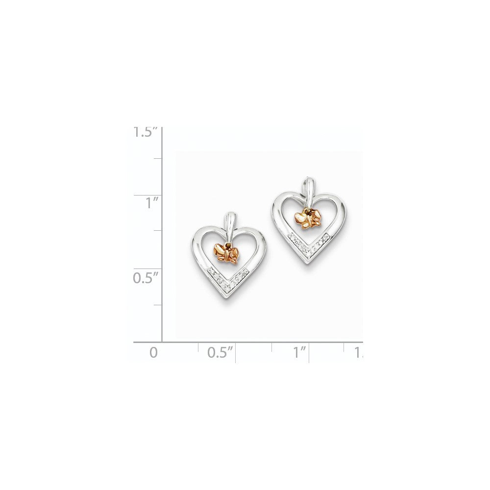 Sterling Silver Rhodium 14k Rose Gold Butterfly Diamond Heart Earrings