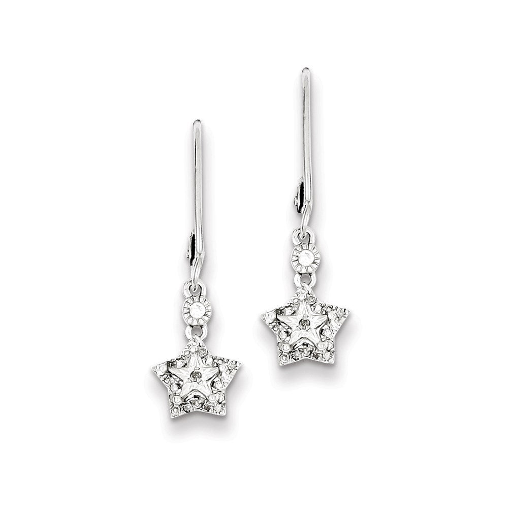 Sterling Silver Rhodium Plated Diamond Star Leverback Earrings