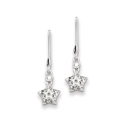 Sterling Silver Rhodium Plated Diamond Star Leverback Earrings