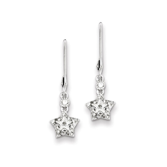 Sterling Silver Rhodium Plated Diamond Star Leverback Earrings