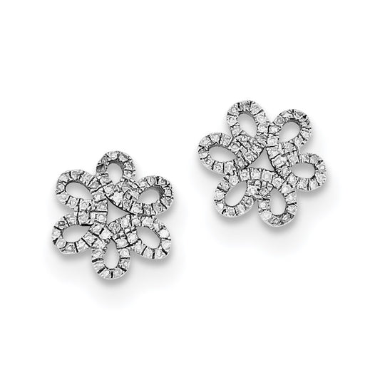 Sterling Silver Rhodium Diamond Flower Screwback Post Earrings