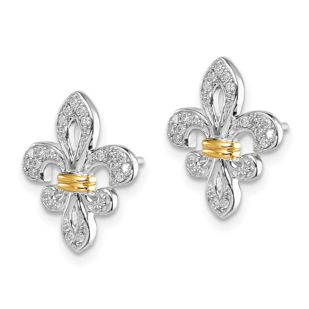 Sterling Silver Rhodium u0026 14k Yellow Gold Diamond Fleur de Lis Post Earrings