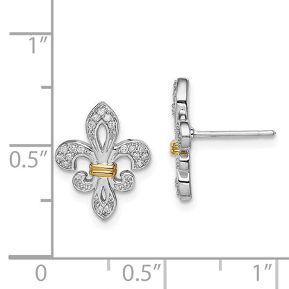 Sterling Silver Rhodium u0026 14k Yellow Gold Diamond Fleur de Lis Post Earrings