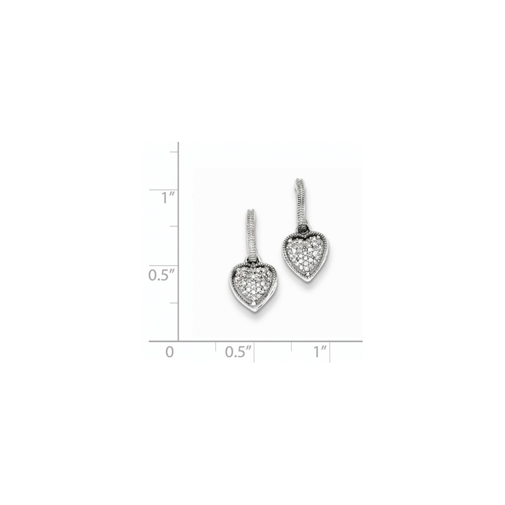 Sterling Silver Rhodium Plated Heart Diamond Post Dangle Earrings
