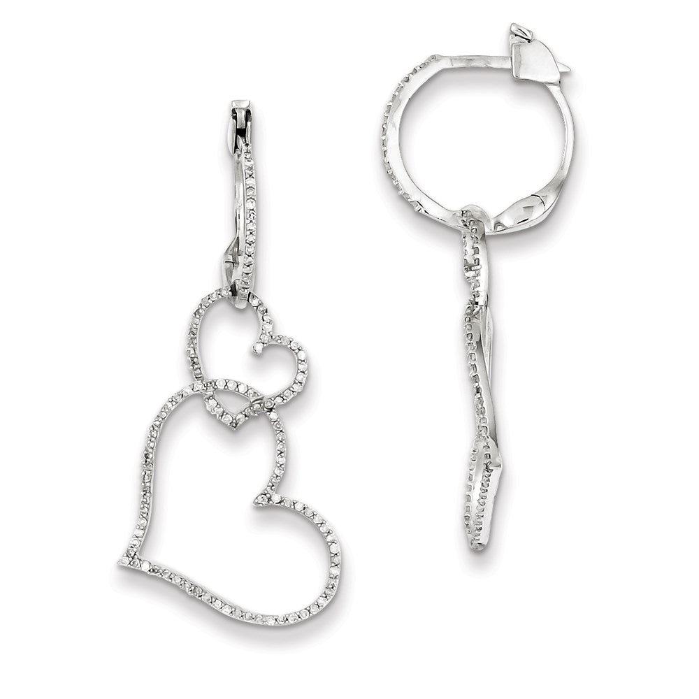 Sterling Silver Diamond Double Heart Hinged Hoop Earrings