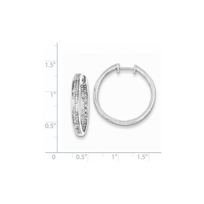 Sterling Silver Rhodium Diamond Round Hinged Hoop Earrings