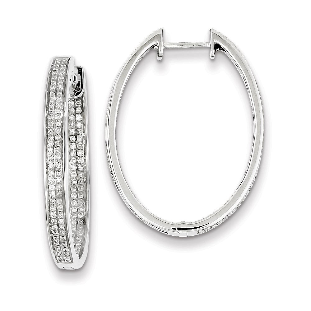 Sterling Silver Diamond Oval Hinged Hoop Earrings