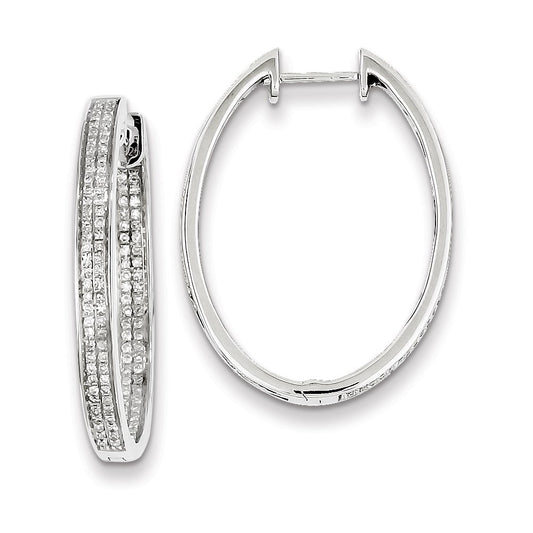 Sterling Silver Diamond Oval Hinged Hoop Earrings
