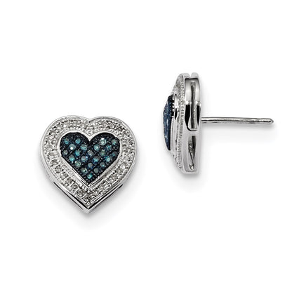 Sterling Silver Blue and White Diamond Heart Post Earrings