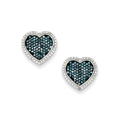 Sterling Silver Blue and White Diamond Heart Post Earrings