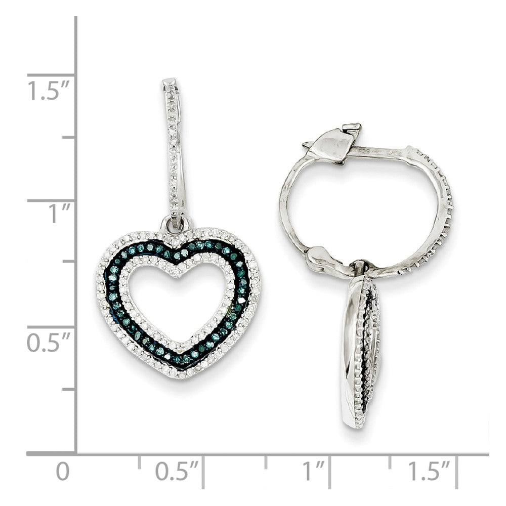 Sterling Silver Blue and White Diamond Heart Hinged Hoop Earrings